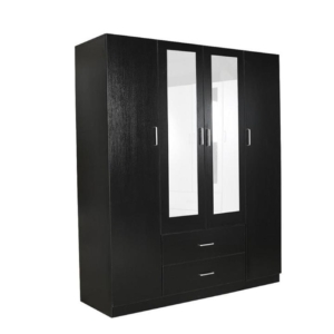 Modern 4-Door 2-Drawers Wardrobe Closet Clothes Storage Cabinet With Mirror - Black