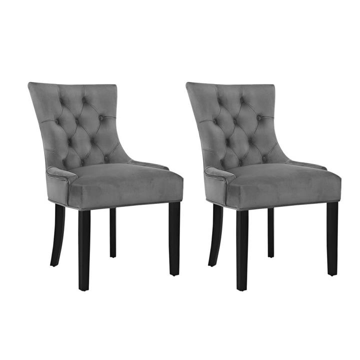 Set of 2 Dining Chairs French Provincial Retro Chair Wooden Velvet Fabric Grey