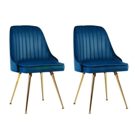 Set of 2 Dining Chairs Retro Chair Cafe Kitchen Modern Metal Legs Velvet Blue