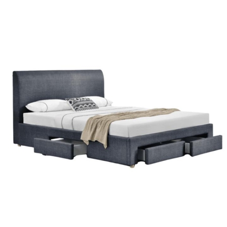 Modern Designer Fabric Bed Frame Headboard W/ 4-Drawers Storage Queen Size - Dark Grey