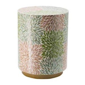 Ariel Multi-Coloured Floral Design Round Wooden Stool Side Table W/ Gold Metallic Base