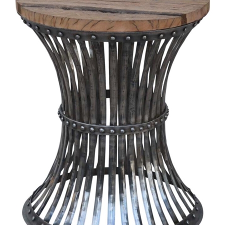 Inverted Wood and Iron Rustic Industrial Round Side Table