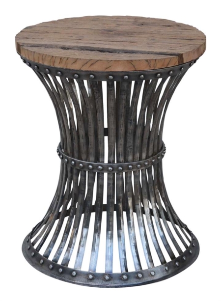 Inverted Wood and Iron Rustic Industrial Round Side Table