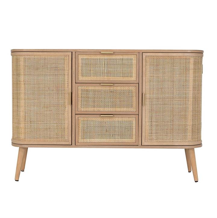 Berna Pine & Rattan Luxe Multi Sideboard Buffet Unit Storage Cabinet - Natural