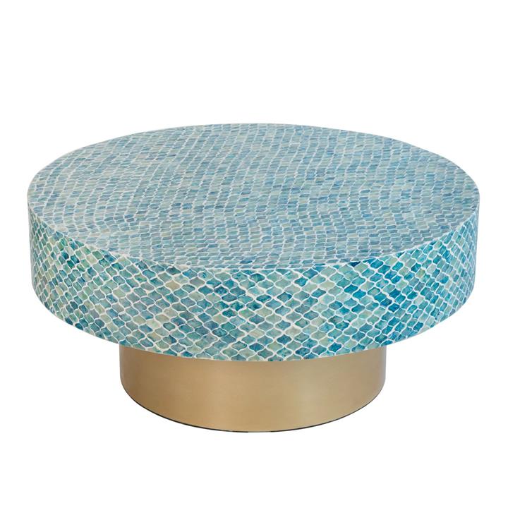 Goa Blue Shell Round Wooden Coffee Table Gold Accent Base