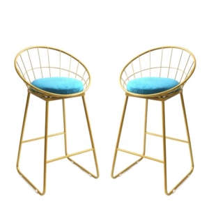 Set Of 2 Shelly Kitchen Counter Bat Stool Gold Metal Frame W/ Cushion 65cm - Aqua Blue