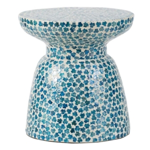 Carribean Shell Round Wood Stool Side Table - Blue