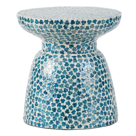 Carribean Shell Round Wood Stool Side Table - Blue