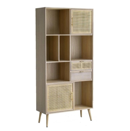 Berna Pine & Rattan 4-Tier Bookcase Storage Display Cabinet - Natural