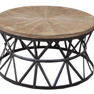 Roger Rustic Industrial Cast Iron Hardwood Top Round Coffee Table