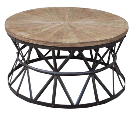 Roger Rustic Industrial Cast Iron Hardwood Top Round Coffee Table