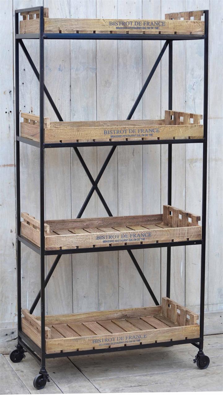 Bistrot De France Industrial Rustic 4-Tier Movable Bookcase On Wheels