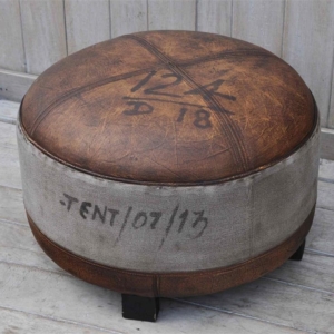 Sebastian Vintage Rustic Canvas Leather Round Foot Stool Ottoman