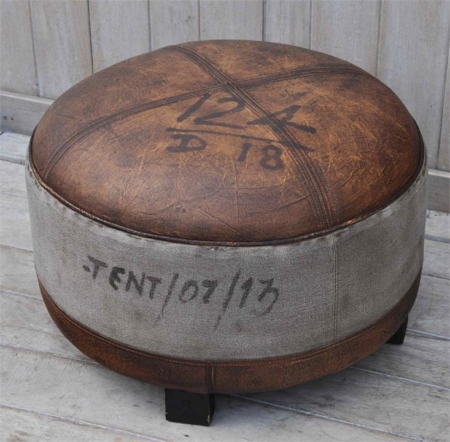 Sebastian Vintage Rustic Canvas Leather Round Foot Stool Ottoman