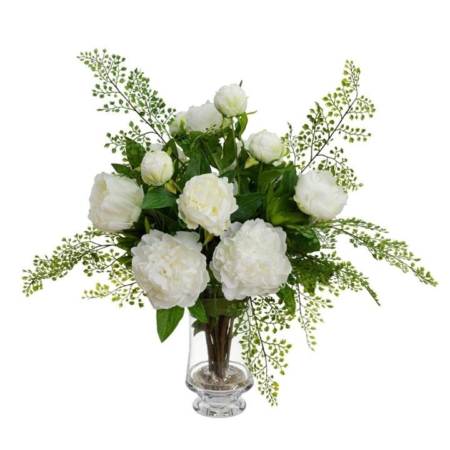 Large Peony Arrangement Artificial Fake Plants Decoration 65cm In Glass White