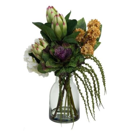 Cream Hydrangea & Protea Mixed Arrangement Artificial Plants 45cm In Glass Cream