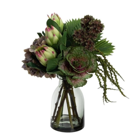 Purple Green Hydrangea & Protea Mixed Arrangement Artificial Plants 45cm In Glass Green