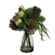 Purple Green Hydrangea & Protea Mixed Arrangement Artificial Plants 45cm In Glass Green