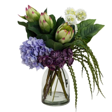 Purple Hydrangea & Protea Mixed Arrangement Artificial Plants 45cm In Glass Purple