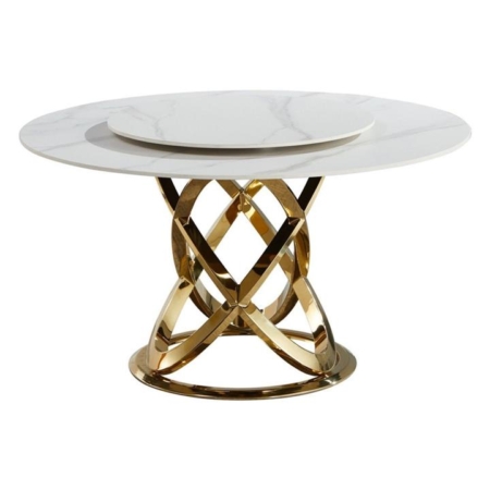 Hayes Luxurious Sintered Stone Round Dining Table 150cm W/ Lazy Susan - White & Gold