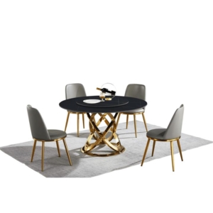 Hayes Luxurious Sintered Stone Round Dining Table 130cm W/ Lazy Susan - Black & Gold