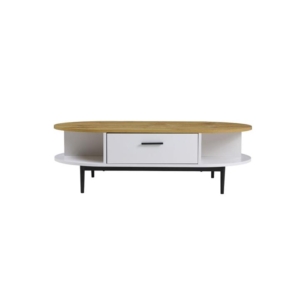 Polish 1-Drawer Oval Wooden Coffee Table W/ Open Compartments - White/Natural