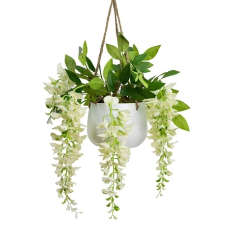 Wisteria 75cm Artificial Fake Plant Decorative Arrangement Cream In Hanging Planter