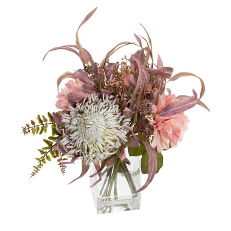 Dusty Pink Dahlia & Protea Mixed Artificial Fake Plant Decorative Arrangement 39cm In Glass