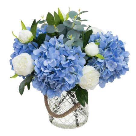 Blue Hydrangea & Peony Mixed Artificial Fake Plant Decorative Arrangement 38cm In Maison Jar