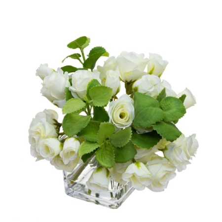 Cream Mini Rose Artificial Fake Plant Decorative Arrangement 20cm In Glass