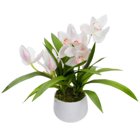 Cream Cymbidium Artificial Fake Plant Decorative Arrangement 43cm In Pot