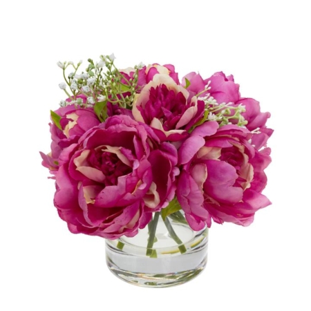 Mauve Peony Rose Artificial Fake Plant Decorative Arrangement 25cm In Glass