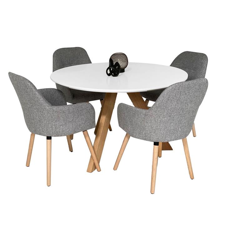 5Pc Dining Set Morrison Round Dining Table 120cm W/ 4 Pc Milan Fabric Dining Chairs Grey