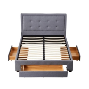 Designer Fabric Modern Bed Frame W/ Headboard & 3-Drawers Queen Size - Dark Grey