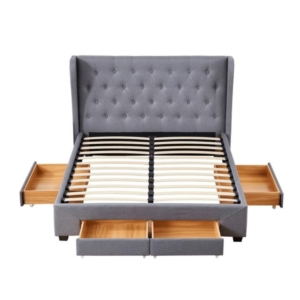 Modern Fabric Bed Frame W/ 4-Drawers Storage Double Size - Dark Grey
