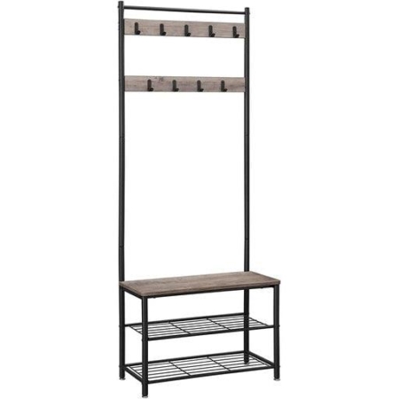 175cm Coat Rack Stand Shoe Bench with Shelves Greige