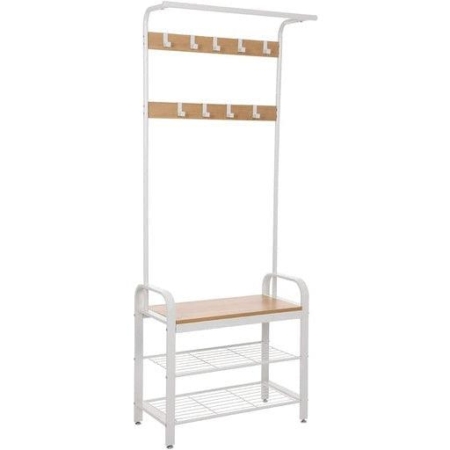 175cm Coat Rack Stand Shoe Bench with Shelves White