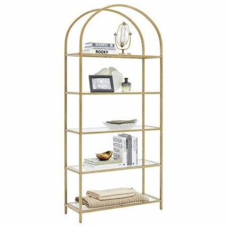 Bookshelf with Tempered Glass Shelves Bookcase Gold