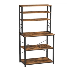 6 Tier Storage Shelves with 6 Hooks Kitchen Rack Rustic Brown and Black