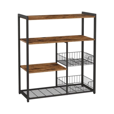 4 Tier Kitchen Storage Shelves with 6 S-Hooks Display Shelf Rectangular Rustic Brown