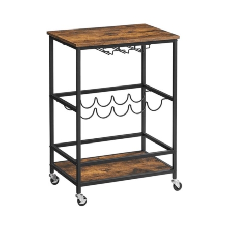 Bar Cart with Wheels and Wine Bottle Holders Trolley Shelf Rustic Brown