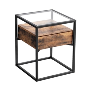 Vasagle Tempered Glass Side End Table with Drawer and Shelf Transparent Rustic Brown/Black