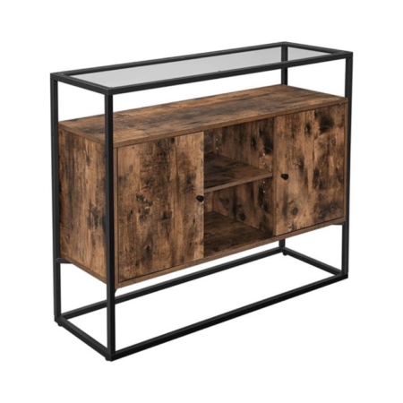 Vasagle Sideboard with Glass Surface and Open Compartments Sideboard Buffet Unit Rustic Brown/Black