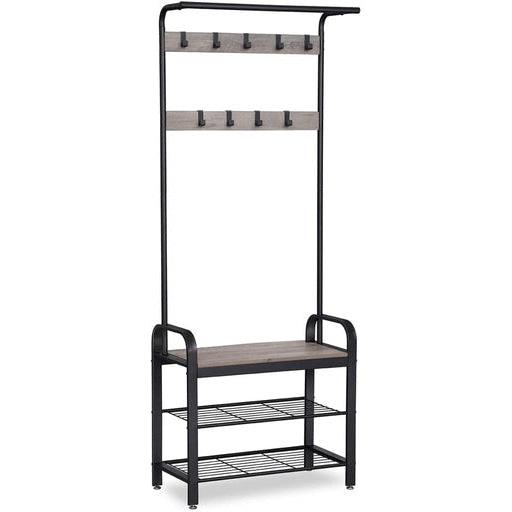 Entryway Hall Tree Coat Rack 183cm Shoe Bench with Shelves Greige and Black