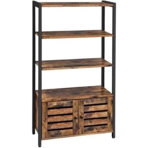 Tier Bookshelf with Louvred Doors Industrial Display Shelf Bookcase Cabinet