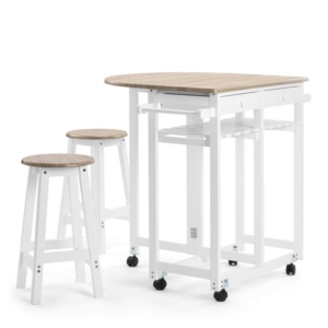 Jac Kitchen Set Folding Trolley Table W/ 2-Drawers & 2x Stools - White/Oak