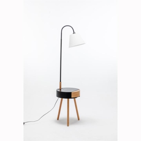 Zoltan Rubberwood Floor Lamp On Side Table Linen Shade W/ USB Port Charging - Off White/Black