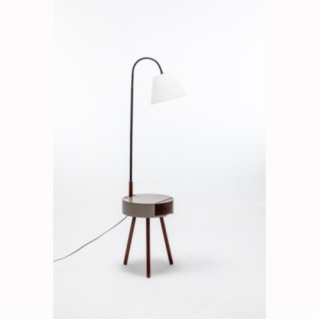 Zoltan Rubberwood Floor Lamp On Side Table Linen Shade W/ USB Port Charging - Off White/Grey