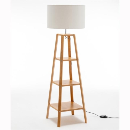 Ren Rubberwood Floor Lamp W/ 3 Square Shelves Linen Shade - Off White/Natural