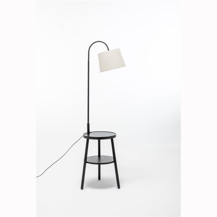 Kamala Rubberwood 2-Round Shelves Floor Lamp Linen Shade W/ USB Port Charging - Off White/Black